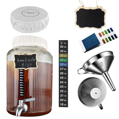Mapeoes 1.5 Gallon Glass Brew Jar Kit for Kombucha & Jun - With Stainless Steel Spigot, pH Test Strips, Temperature Strip, Cloth Cover, Funnel with Filters | Perfect for Continuous Brewing