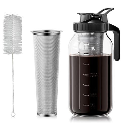 VA1KENE Cold Brew Coffee Maker 64oz, Iced Coffee Maker with 304 Stainless Steel Filter, Mason Jar Pitcher with Lid and Spout (Black)