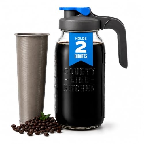 County Line Kitchen 64 oz Glass Cold Brew Coffee Maker with Leak-Proof Lid, Wide Mouth Mason Jar - Iced Coffee and Tea Pitcher - Gray