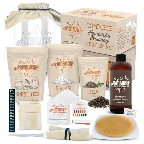 The Kombucha Company Kombucha Home Brewing Starter Kit | 5-Inch Large Scoby | Complete Kit with 16 oz Starter Tea, Brewing Jar & Supplies | Brew Unlimited Kombucha