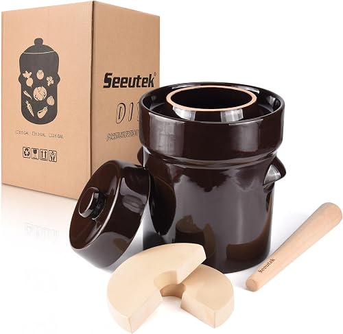 Seeutek Fermentation Crock Jar 1/2 Gallon - Sauerkraut Crock with Lid, Weights & Pounder, Stoneware Pickle Pot for Pickling Kimchi, Pickles, Vegetables, Kombucha, 2 Liter Ceramic Fermenting Crock Kit